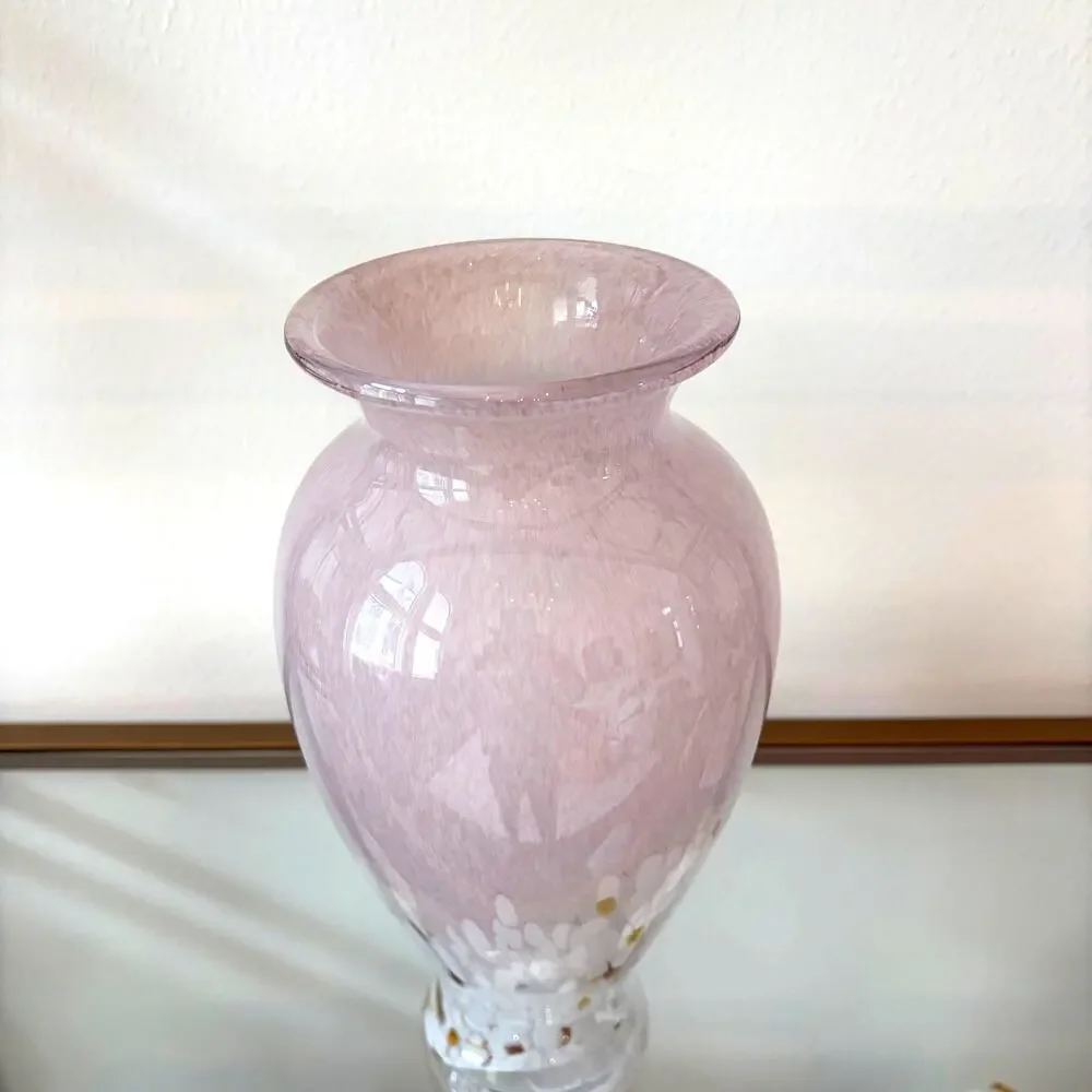 Murano Style Art Glass Vase 11.5in Pastel Pink White Speckled Gold Accents NEW